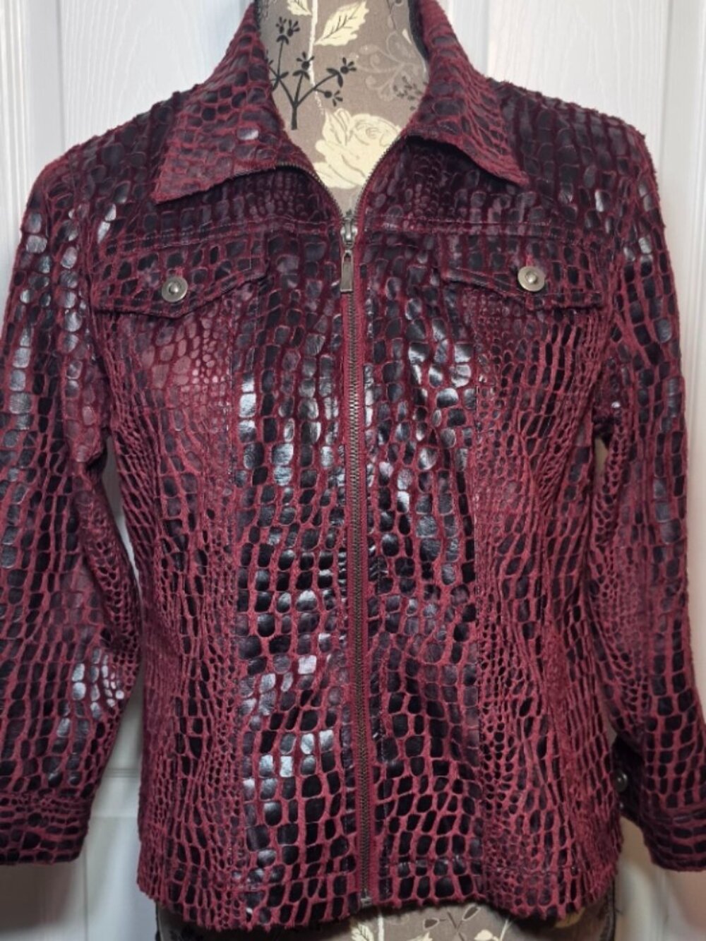 Burgandy/Brown Croc‑Texture Zip Jacket
